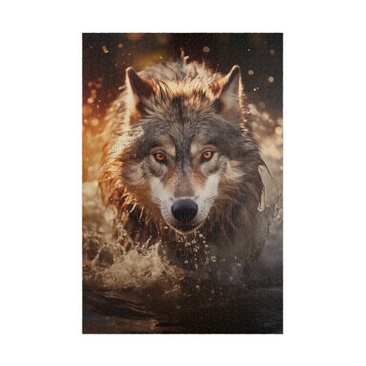 A wolf runs through the river at sunset Jigsaw Puzzle