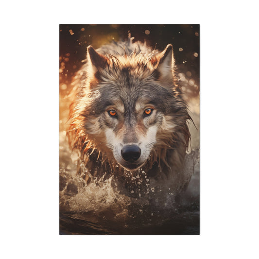 A wolf runs through the river at sunset Canvas Poster