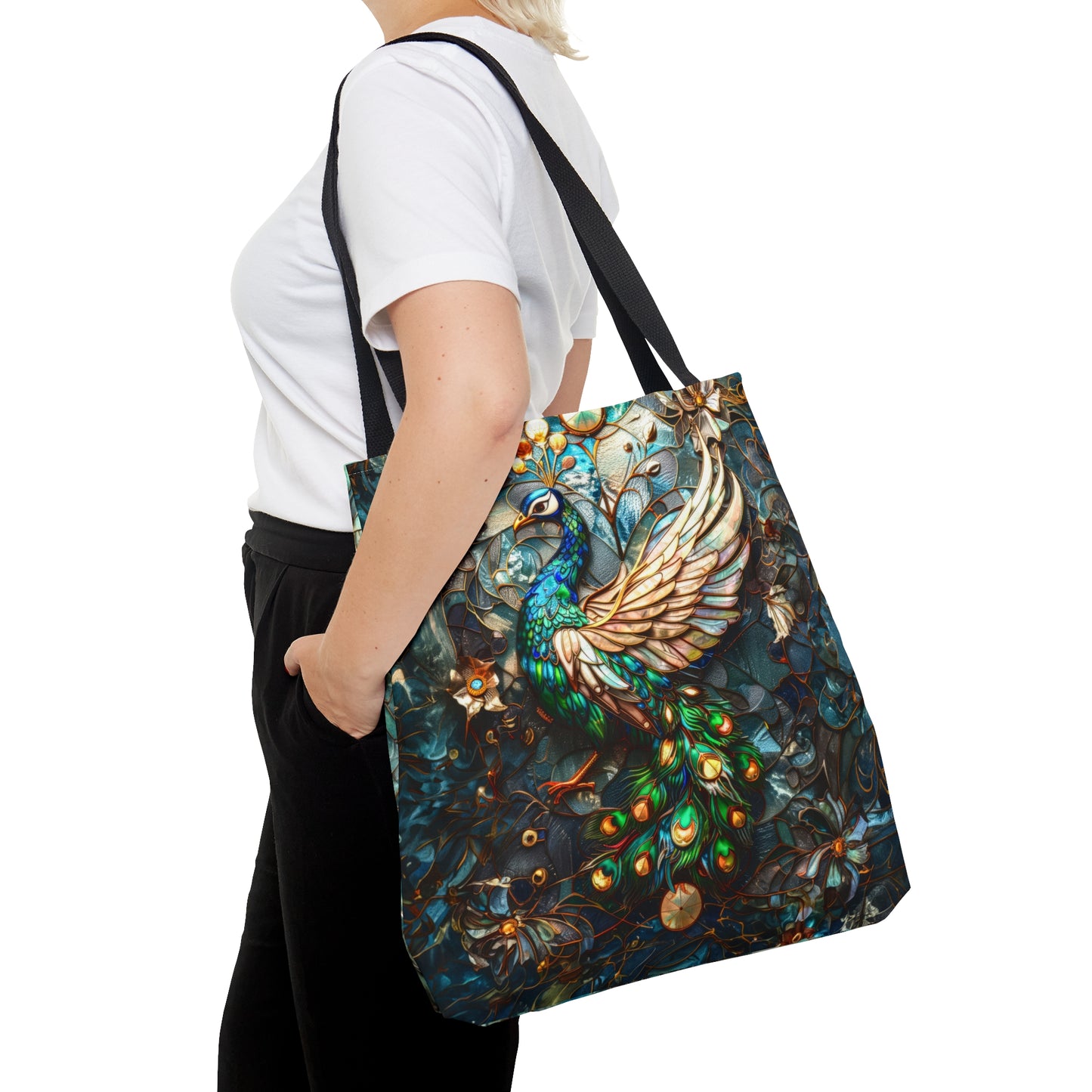 Majestic Harmony: Stained Glass Peacock Tote Bag