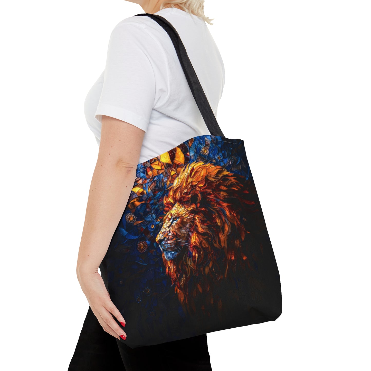 Regal Radiance: Stained Glass Lion Tote Bag