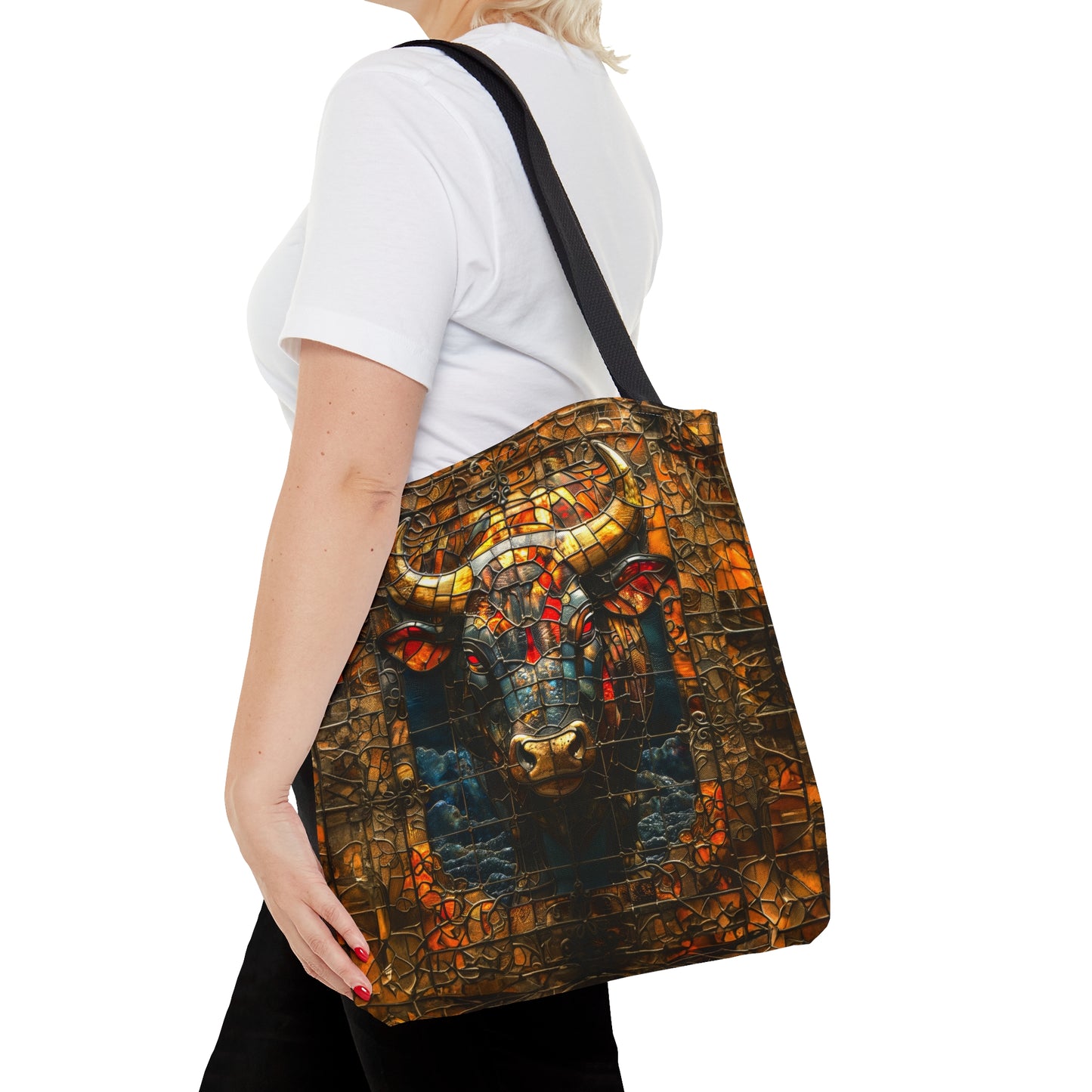 Fierce Strength: Stained Glass Bull Tote Bag