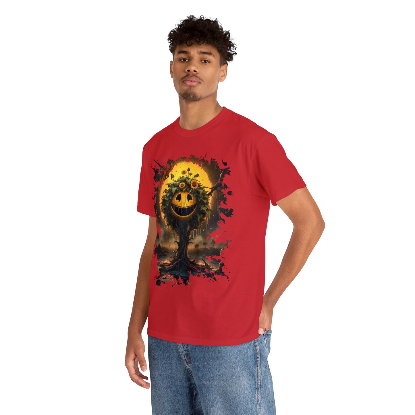 Scary Smiley Emoticon-Tree Unisex Heavy Cotton Tee (t-shirt)