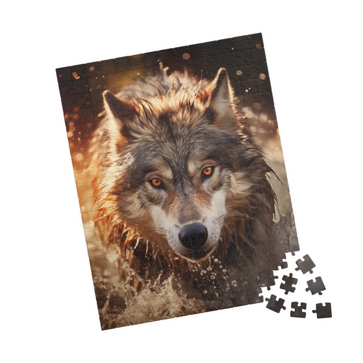 A wolf runs through the river at sunset Jigsaw Puzzle
