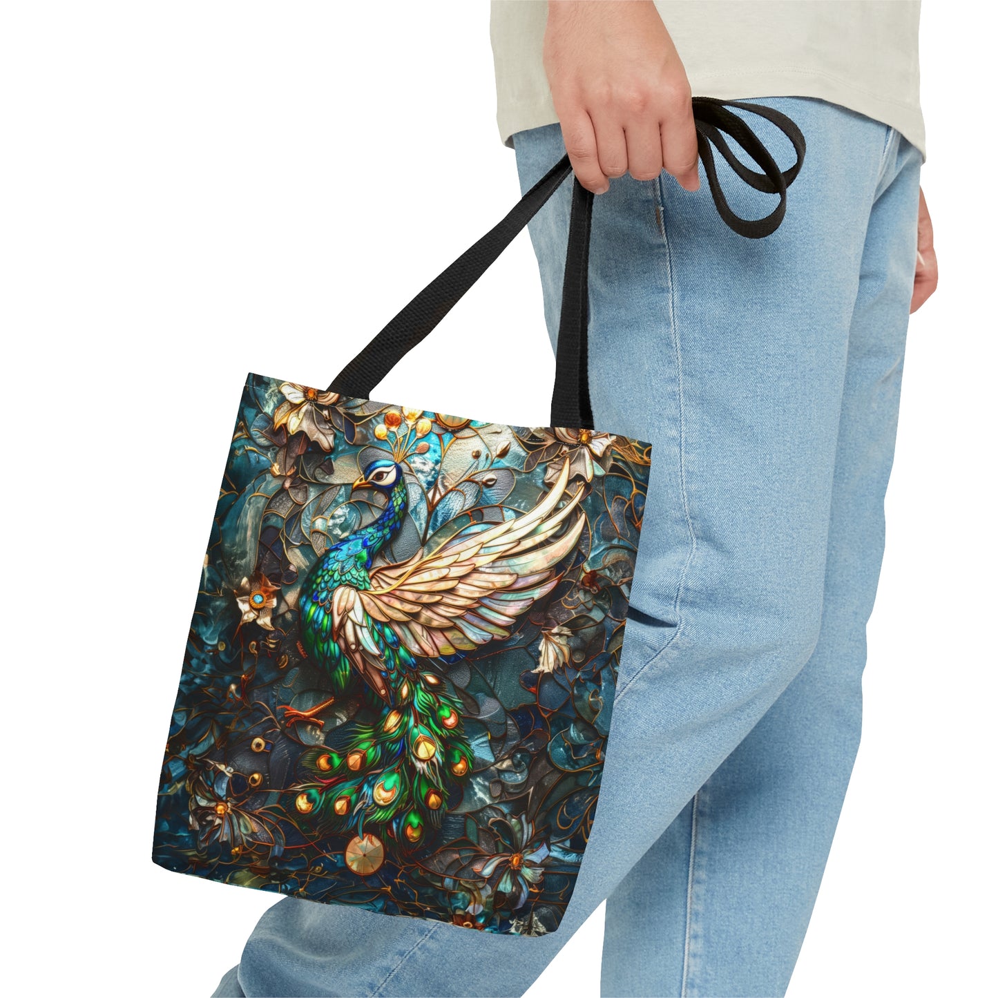 Majestic Harmony: Stained Glass Peacock Tote Bag