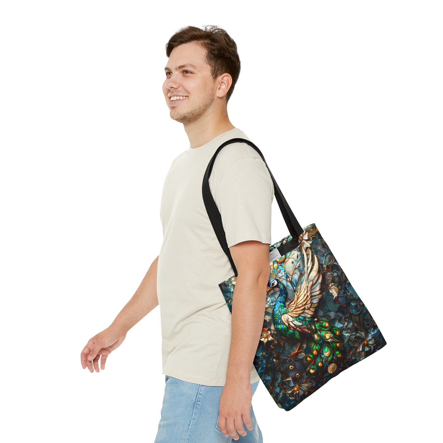 Majestic Harmony: Stained Glass Peacock Tote Bag