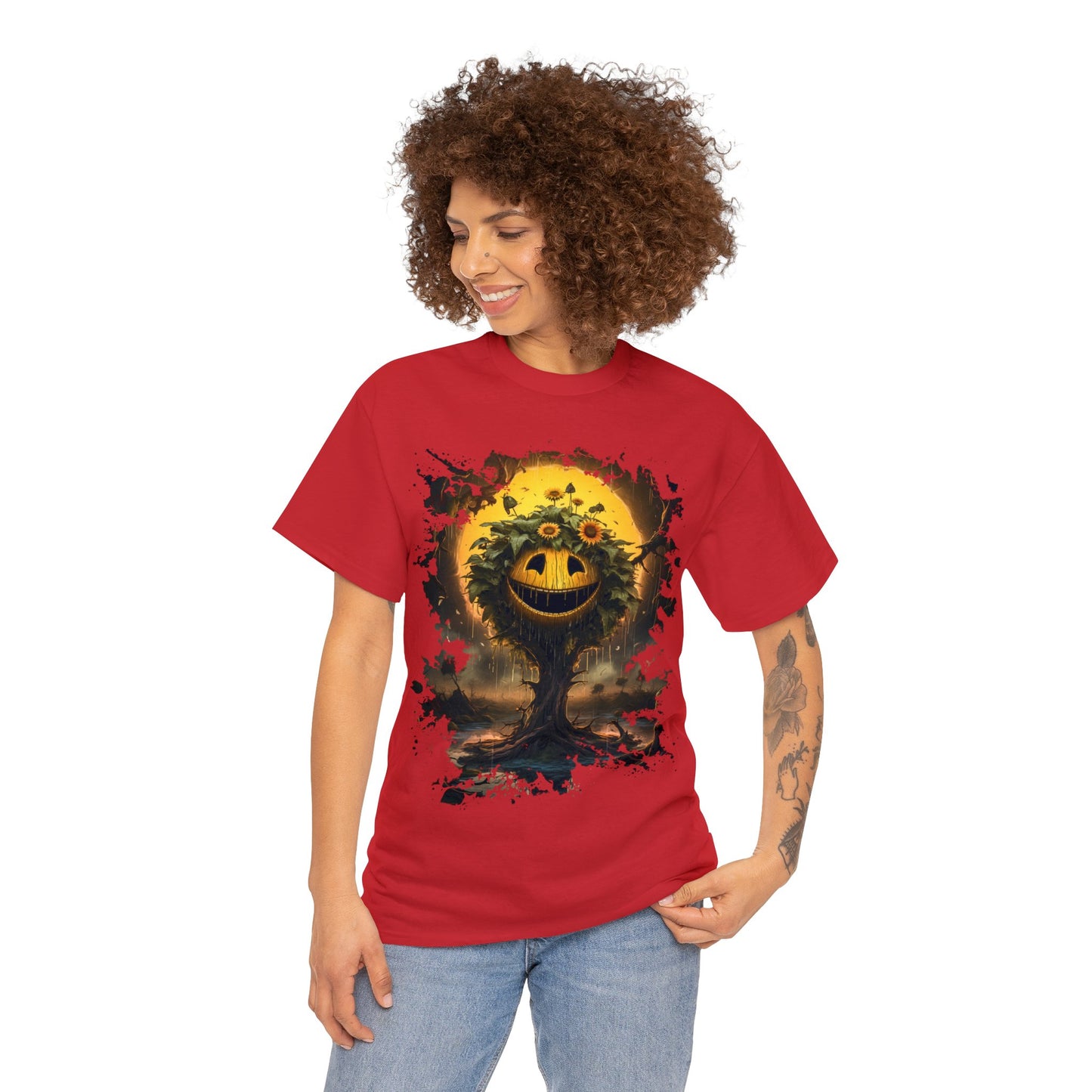Scary Smiley Emoticon-Tree Unisex Heavy Cotton Tee (t-shirt)